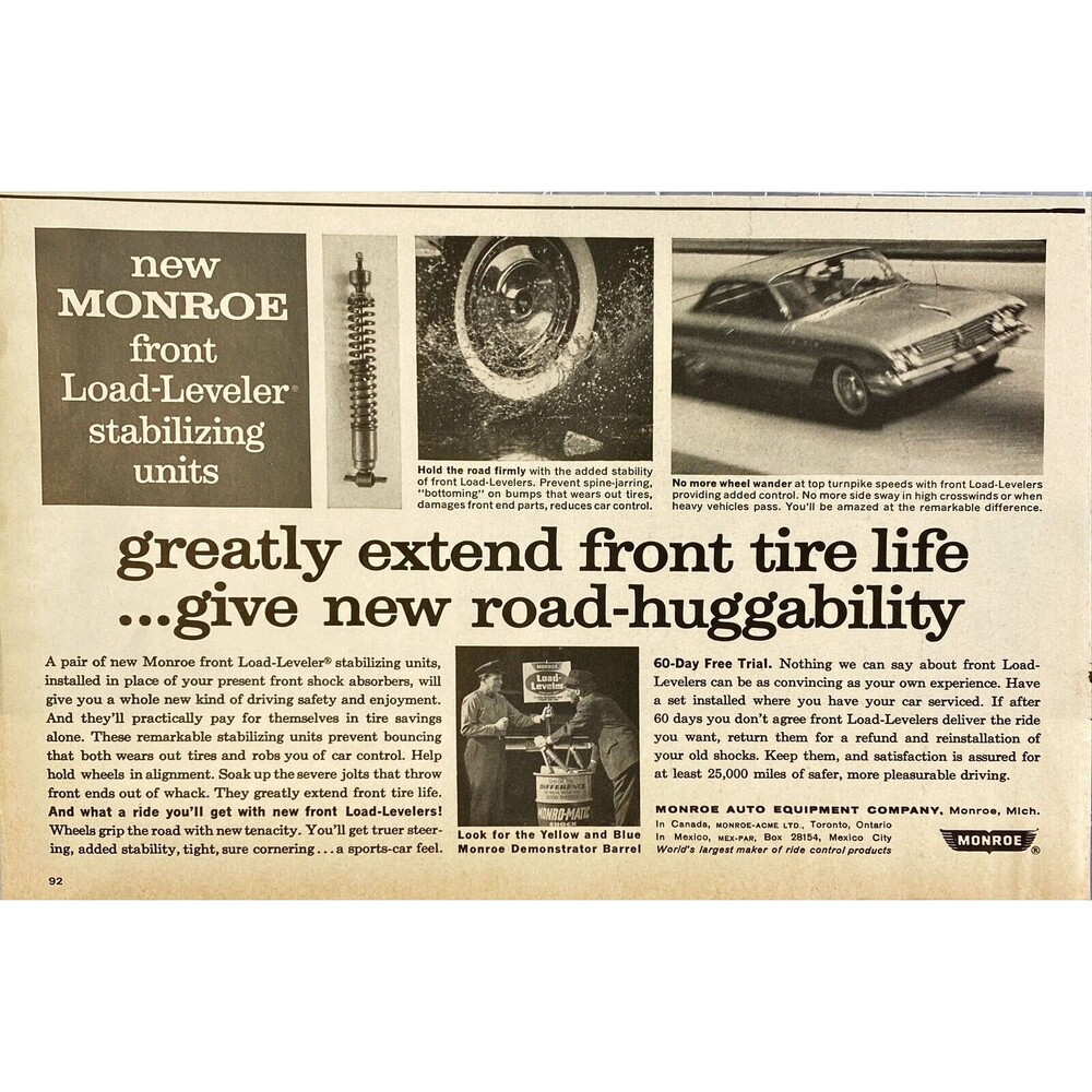 Monroe Front Load-Leveler Unit "Greatly extend front tire life"Vtg Print Ad 1963